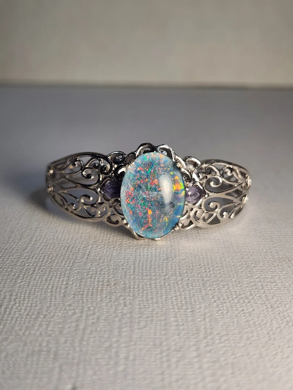VTG Large Natural Opal & Amethyst 925 Filigree Cuff Btacelet - Picture 3 of 16